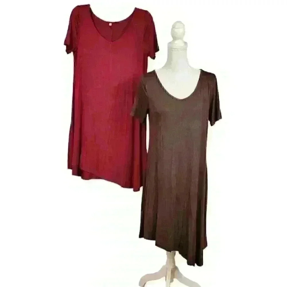 LOT of 2 Woman's Dresses CHOCOLATE BROWN & BURGANDY RED Short Sleeve STRETCH M/L